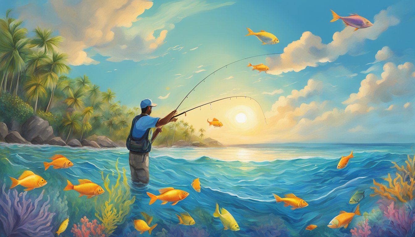 A fisherman casting a line into the clear blue waters off the coast of Puerto Rico, with a variety of colorful fish swimming below