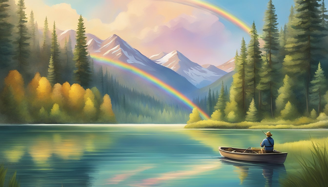 A serene lake surrounded by lush forests, with a lone fisherman on a boat, catching a rainbow trout against the backdrop of the Idaho mountains