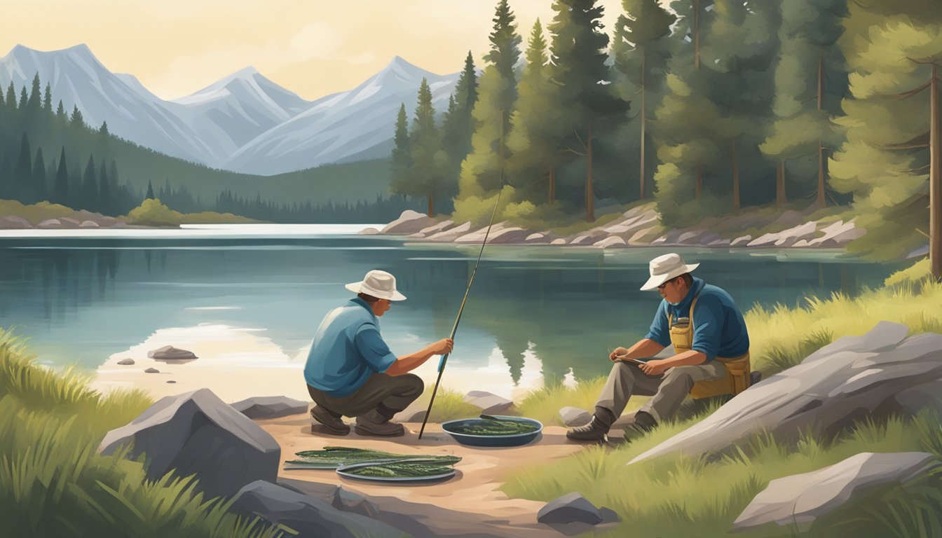 A serene lakeside with a fisherman cleaning and filleting a freshly caught trout, surrounded by pine trees and mountains in the background