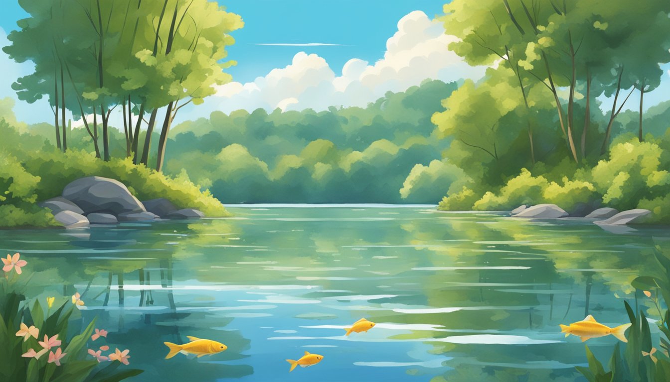 A serene Iowa lake with a variety of fish swimming in clear water, surrounded by lush greenery and a blue sky above