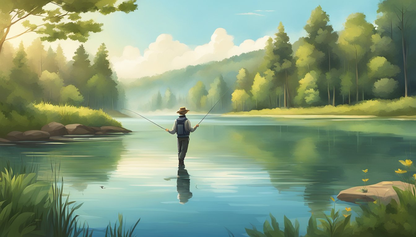 A person holding a fishing rod and standing by a tranquil freshwater lake, surrounded by lush greenery and wildlife