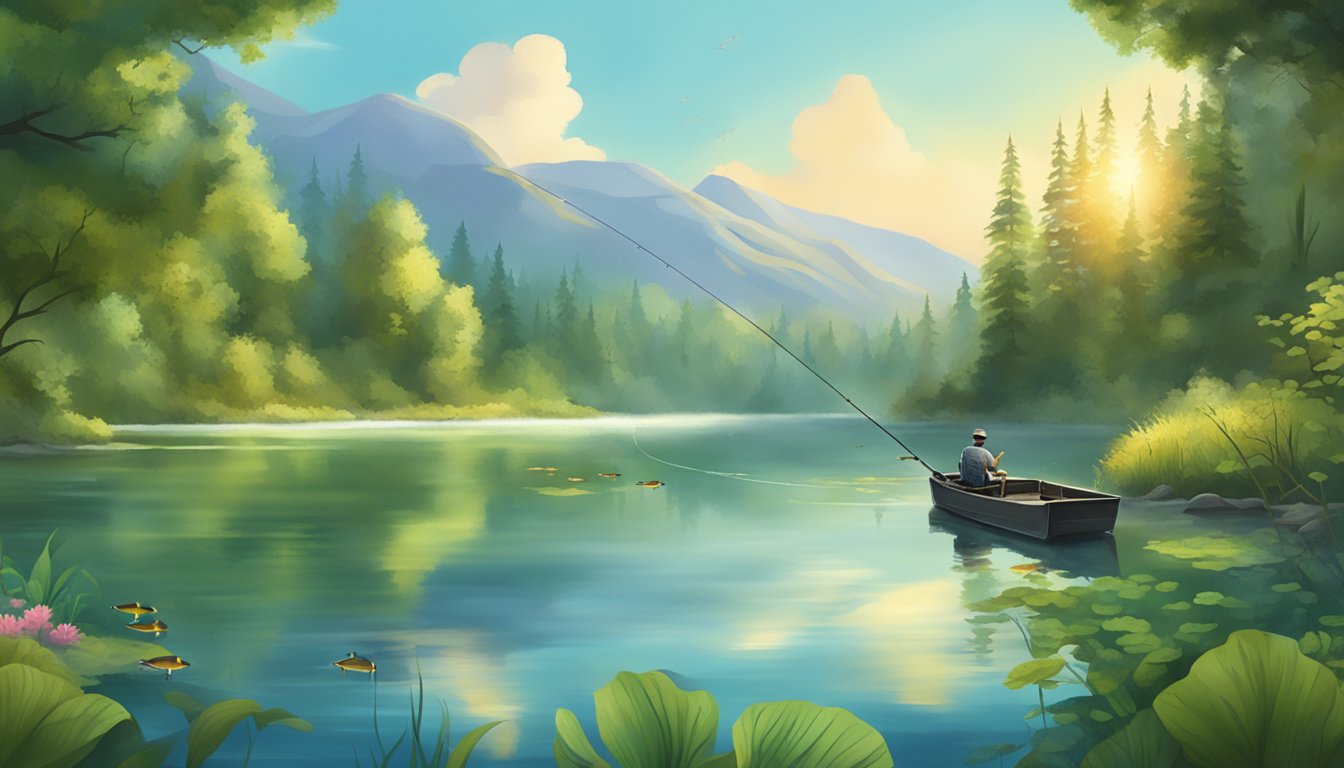 A serene lake surrounded by lush greenery, with a fishing rod casting into the calm waters and a variety of fish swimming beneath the surface