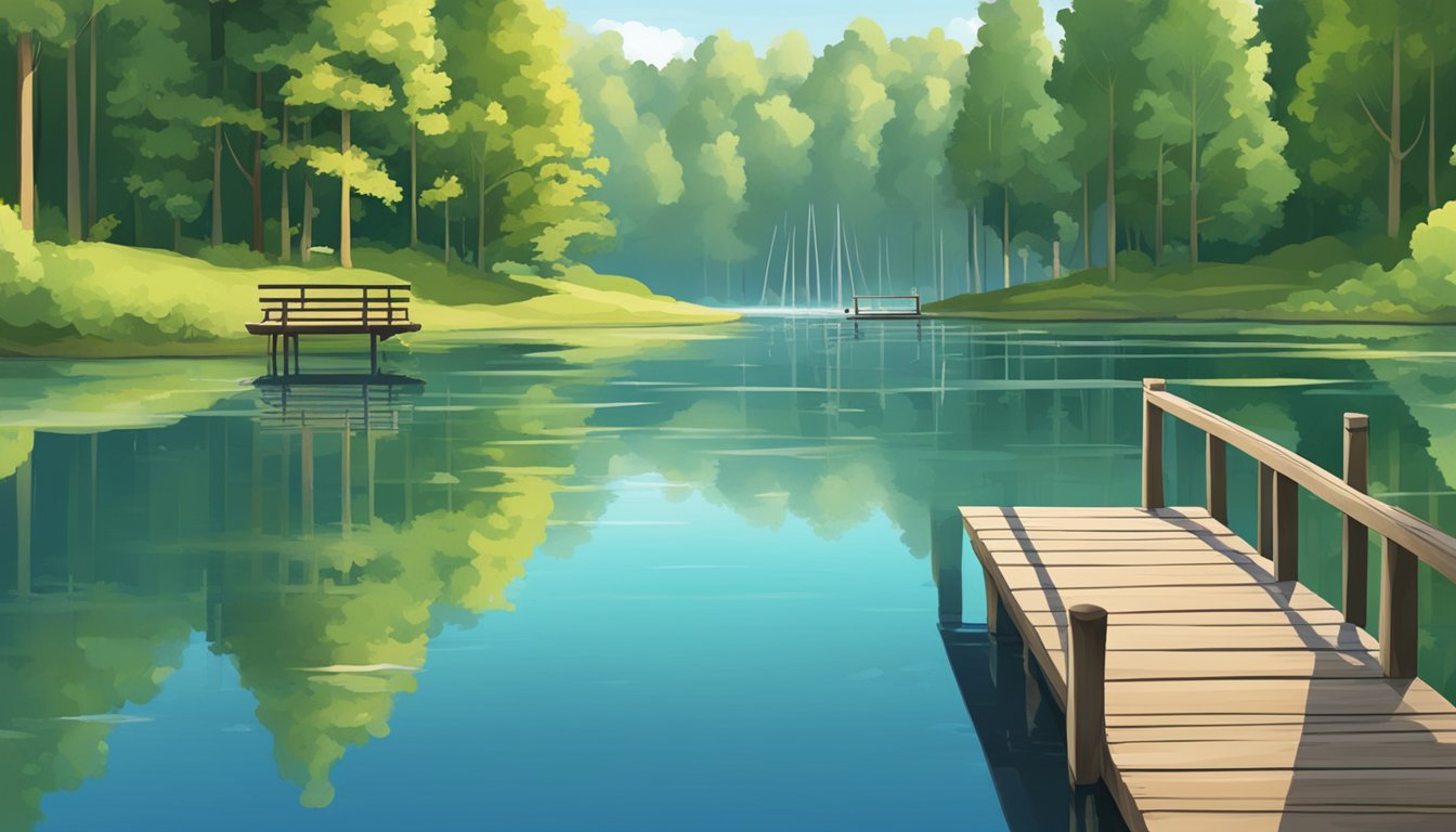 A serene lake with a wooden dock and a sign displaying fishing regulations. Lush green trees and clear blue skies in the background