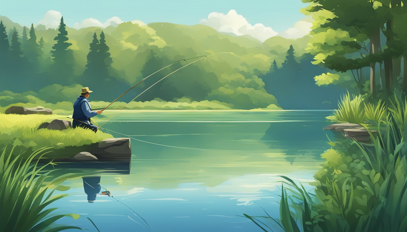 A serene lake with a fisherman casting a line, surrounded by lush greenery and a clear blue sky