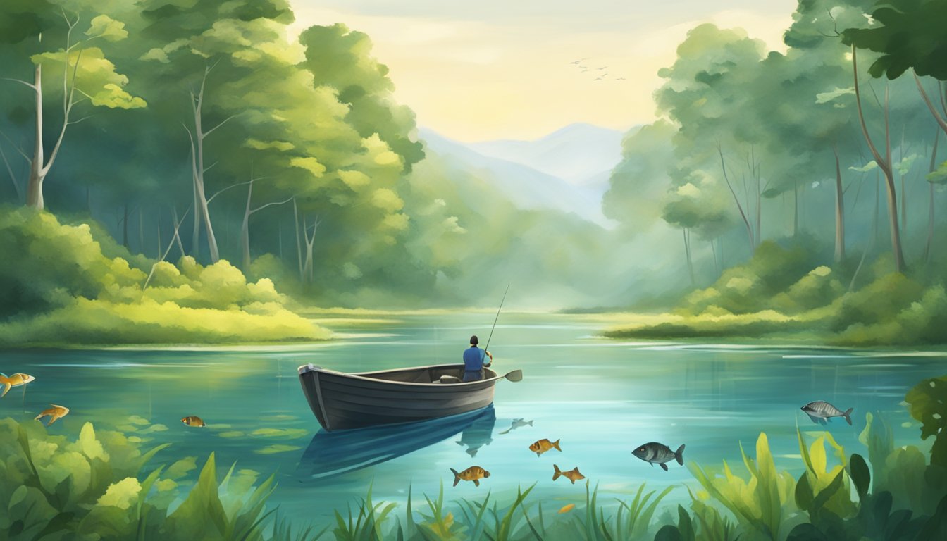 A serene lake surrounded by lush greenery, with a fishing rod and a variety of fish swimming in the clear water