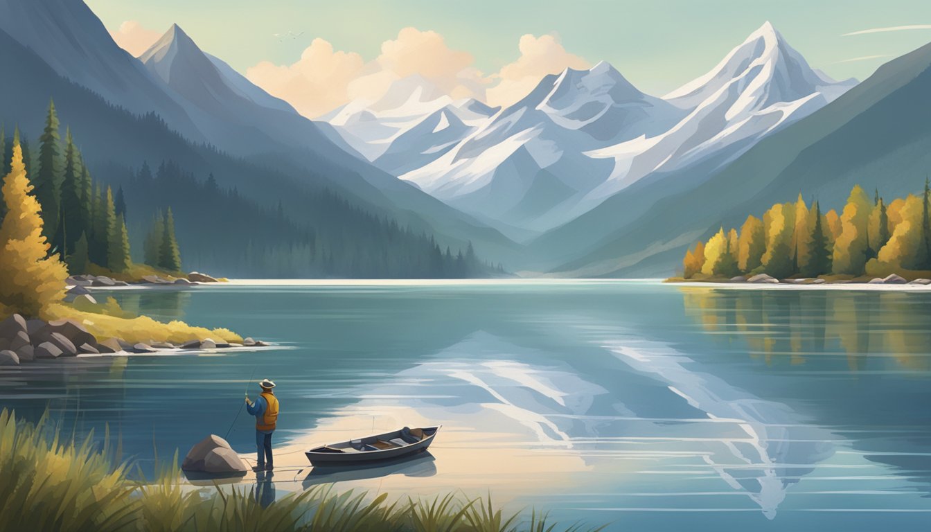 A serene lake surrounded by snow-capped mountains, with a fishing boat and a person casting a line