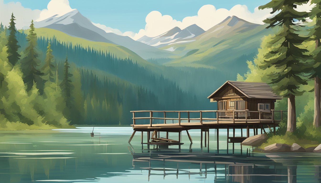 A tranquil Alaskan lake surrounded by lush greenery, with a rustic wooden fishing pier extending into the water. A small boat is moored nearby, and a signpost indicates the requirement for a freshwater fishing license