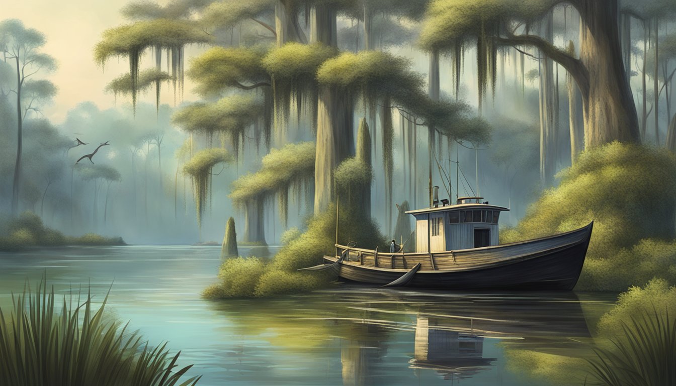 A tranquil bayou with cypress trees and Spanish moss, a fishing boat with a line in the water, and a variety of fish swimming beneath the surface