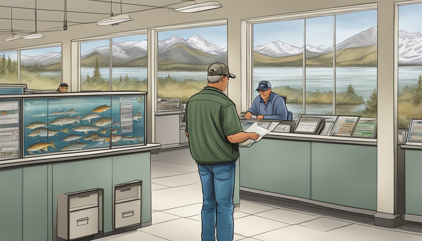 A person purchasing a freshwater fishing license at a local Idaho Department of Fish and Game office