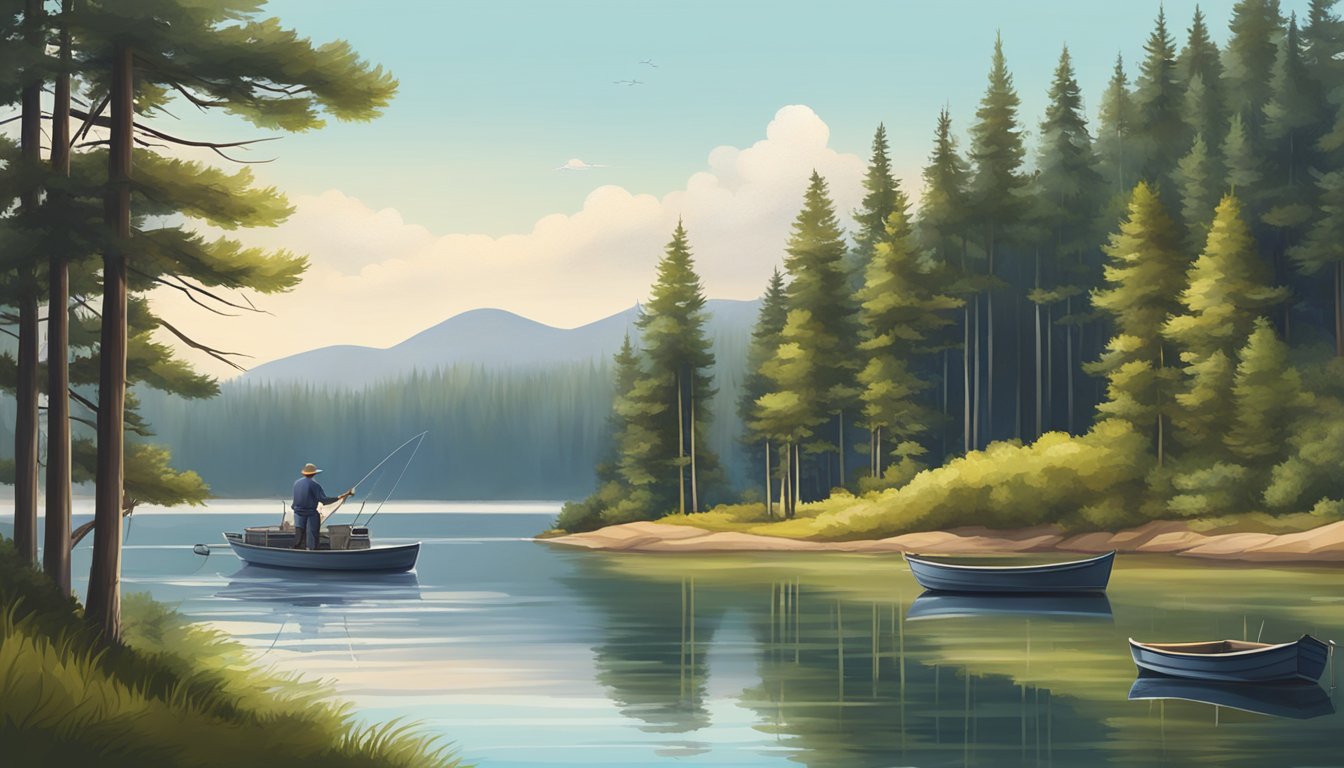 A serene lake surrounded by pine trees, with a fishing boat and a fishing rod on the shore