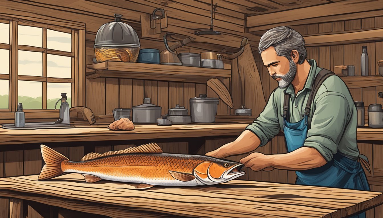 A fisherman cleaning and filleting a freshly caught redfish on a wooden table near the Louisiana bayou