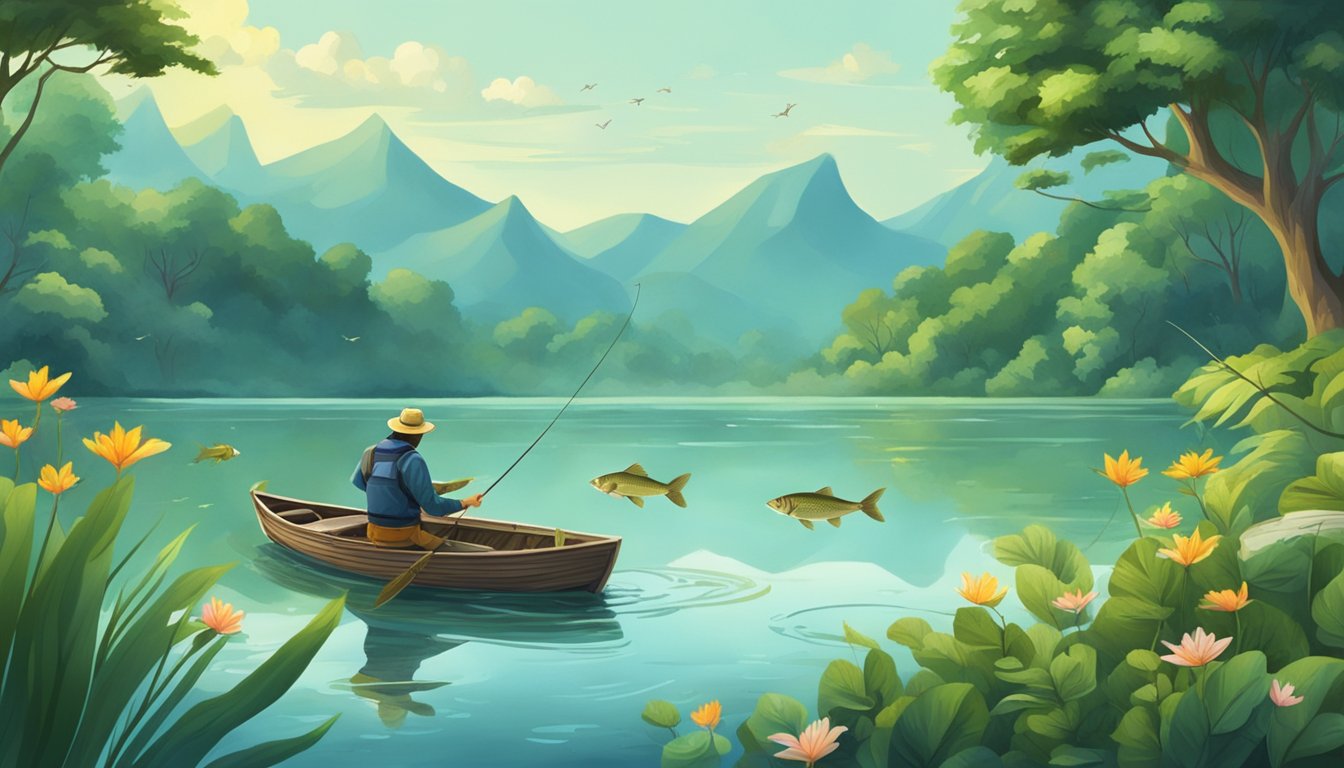 A serene lake with various fish swimming, surrounded by lush greenery. A fisherman casts a line from a small boat, while another fishes from the shore