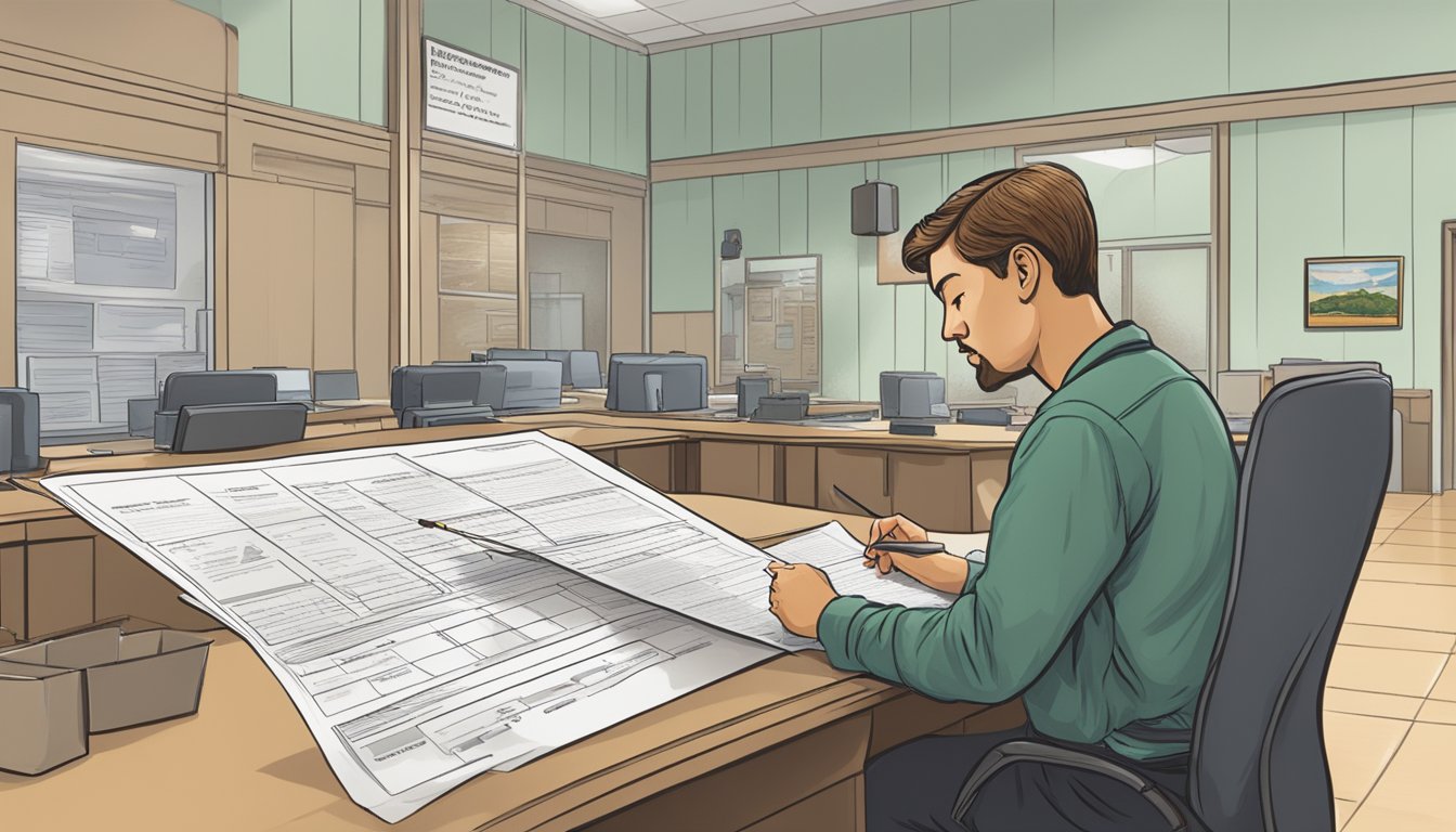 A person filling out a form at a government office to obtain a freshwater fishing license in California