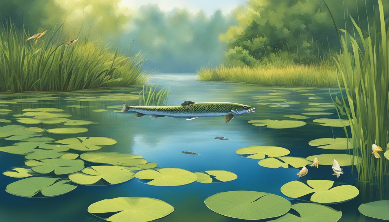 A serene lake with a variety of freshwater fish such as bass, trout, and pickerel swimming among the reeds and lily pads