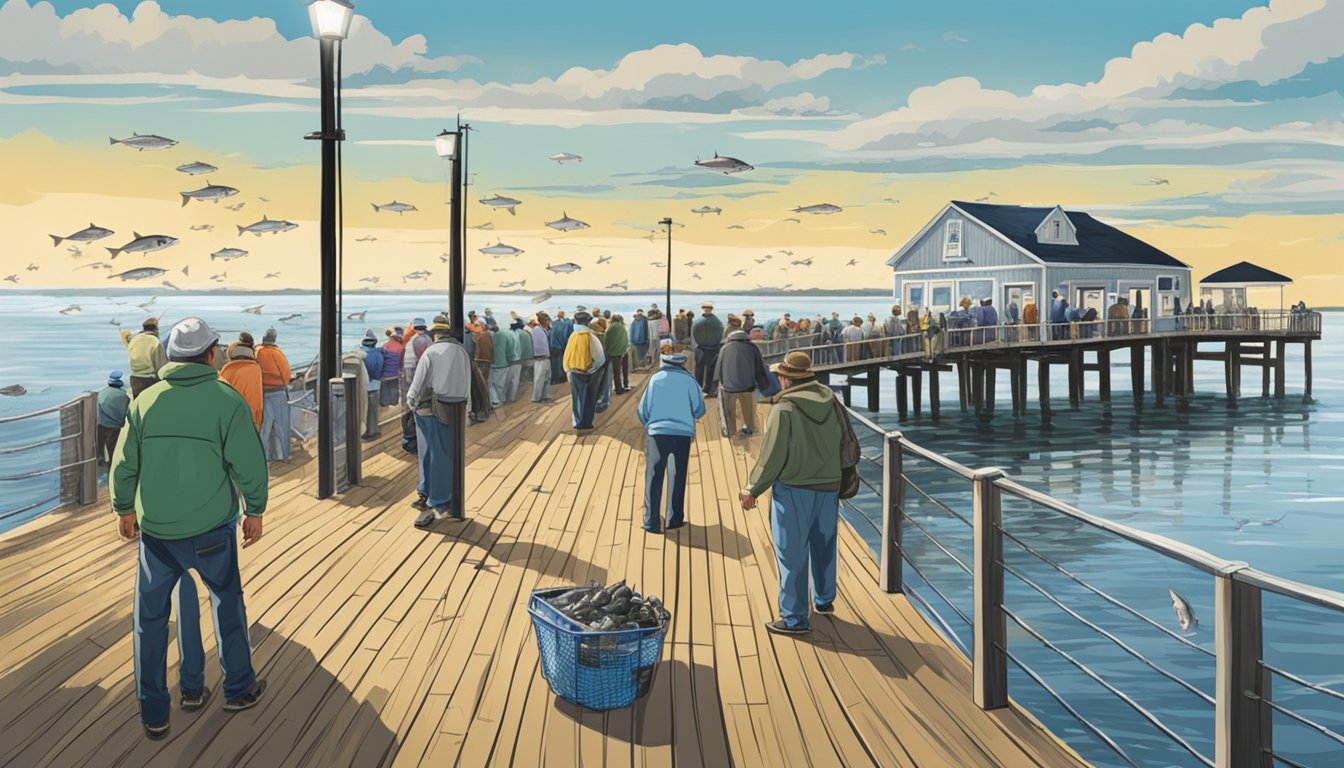 A bustling Massachusetts fishing pier with anglers reeling in striped bass and bluefish from the sparkling saltwater