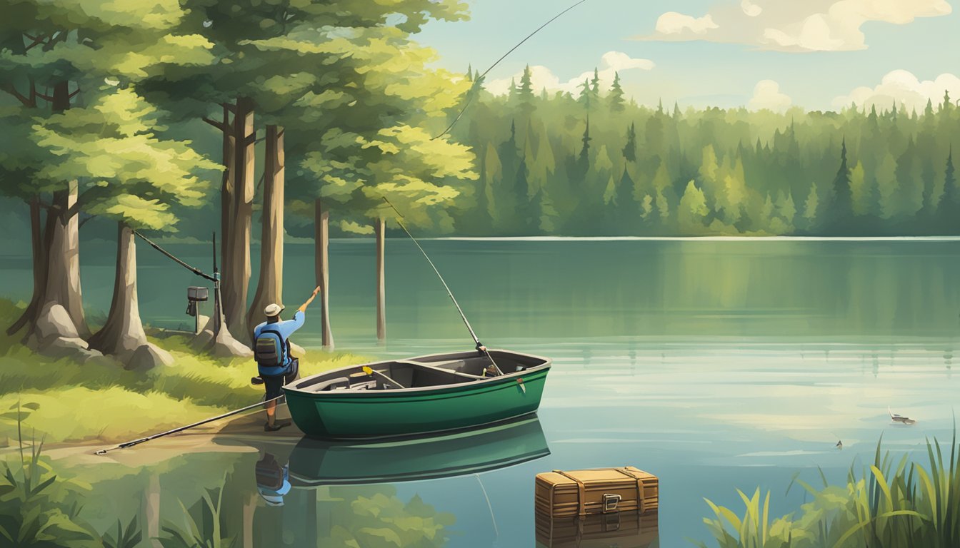 A serene lake surrounded by lush green trees, with a fishing rod and a tackle box on the shore, and a sign indicating "Freshwater Fishing License Required."