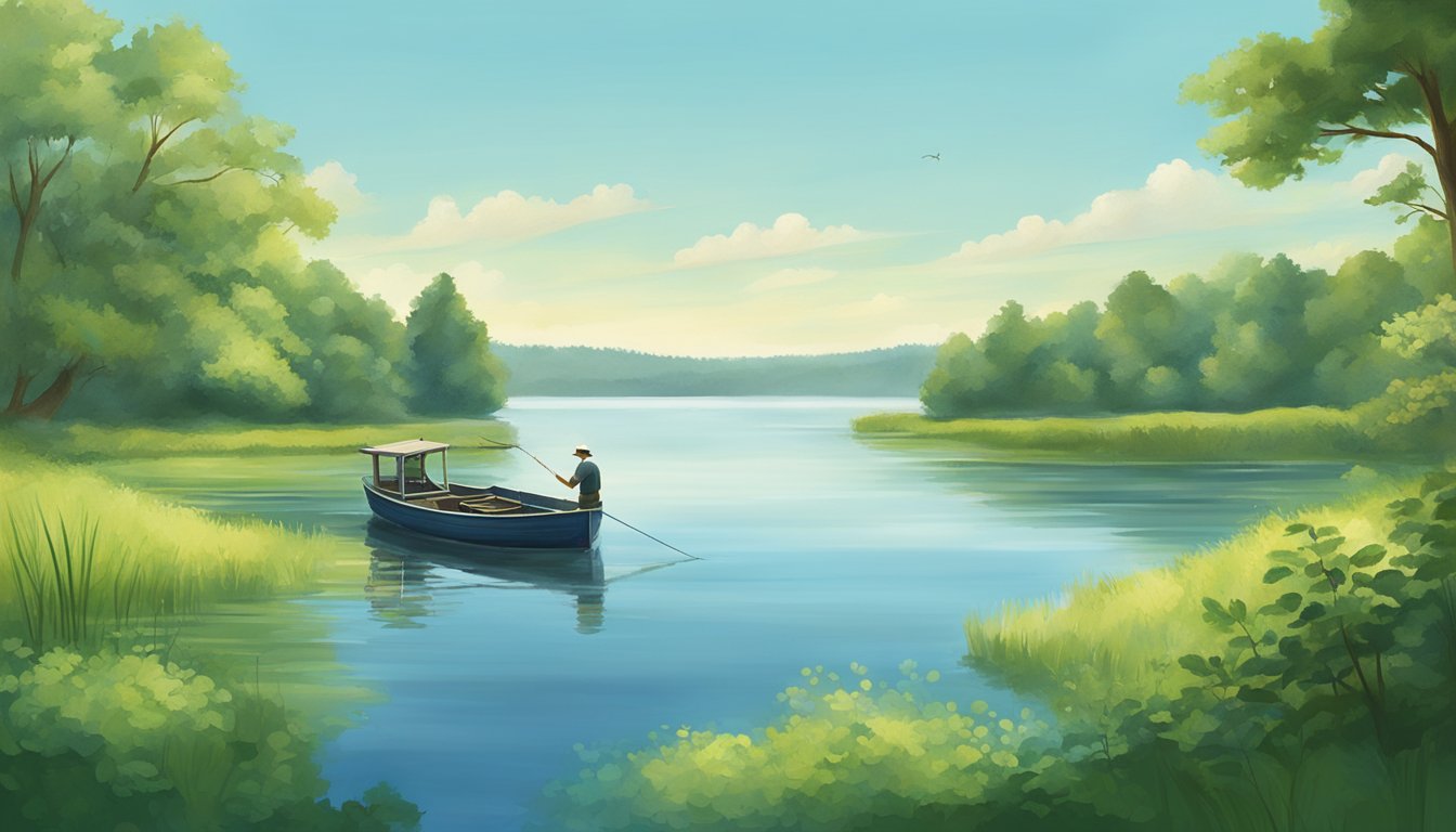 A serene lake with a lone fishing boat, surrounded by lush green trees and a clear blue sky. A fisherman casts a line into the water, hoping to catch a variety of fish found in Massachusetts