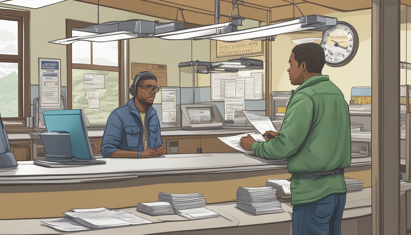 A person standing at a counter, filling out paperwork, while a state official behind the counter processes their freshwater fishing license application