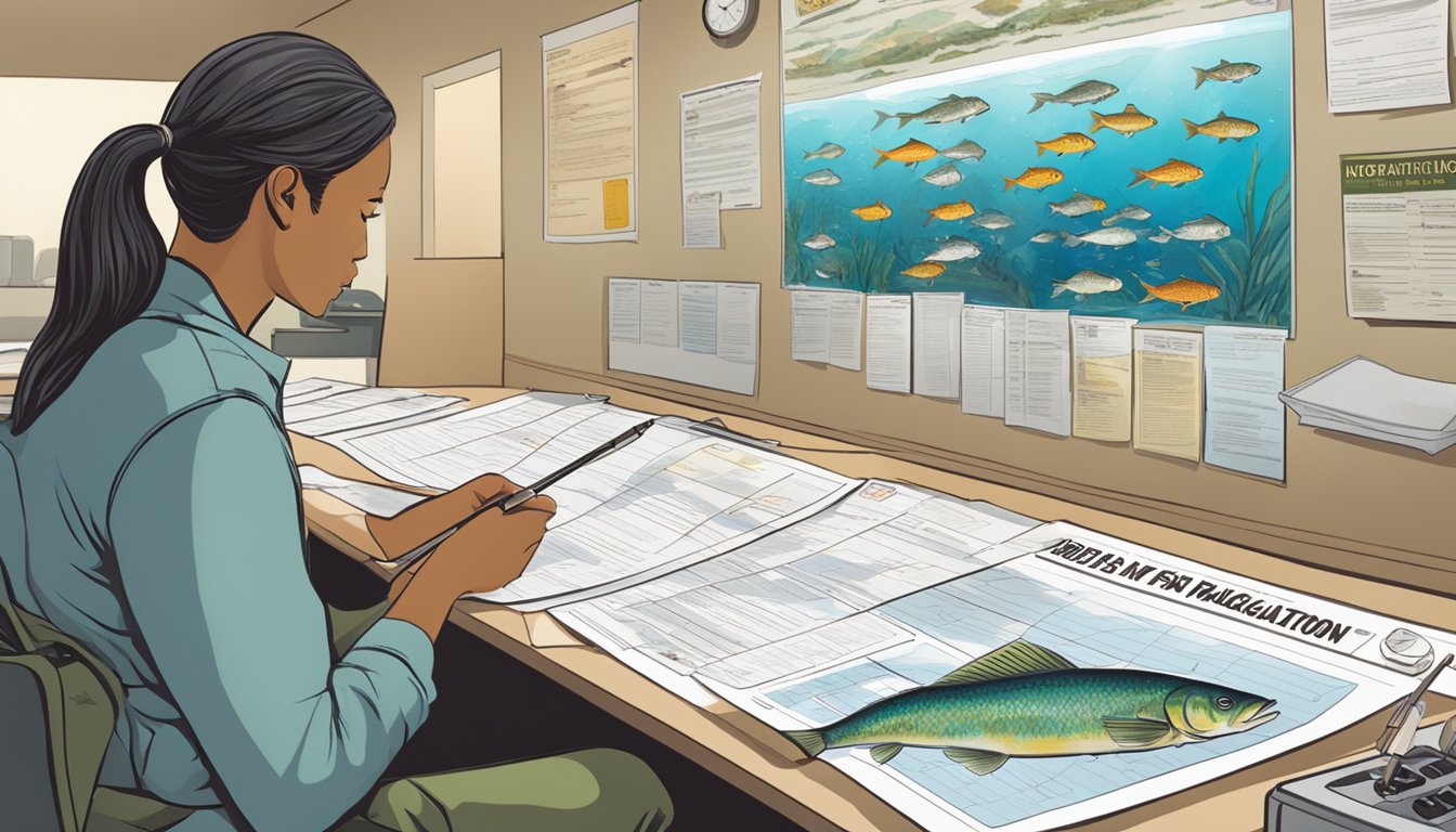 A person filling out a form at a DNR office, with posters of fish and fishing regulations on the wall