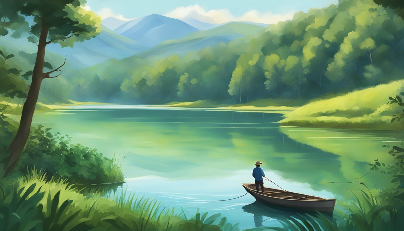 A serene lake surrounded by lush greenery, with a fishing boat and a person casting a line into the water