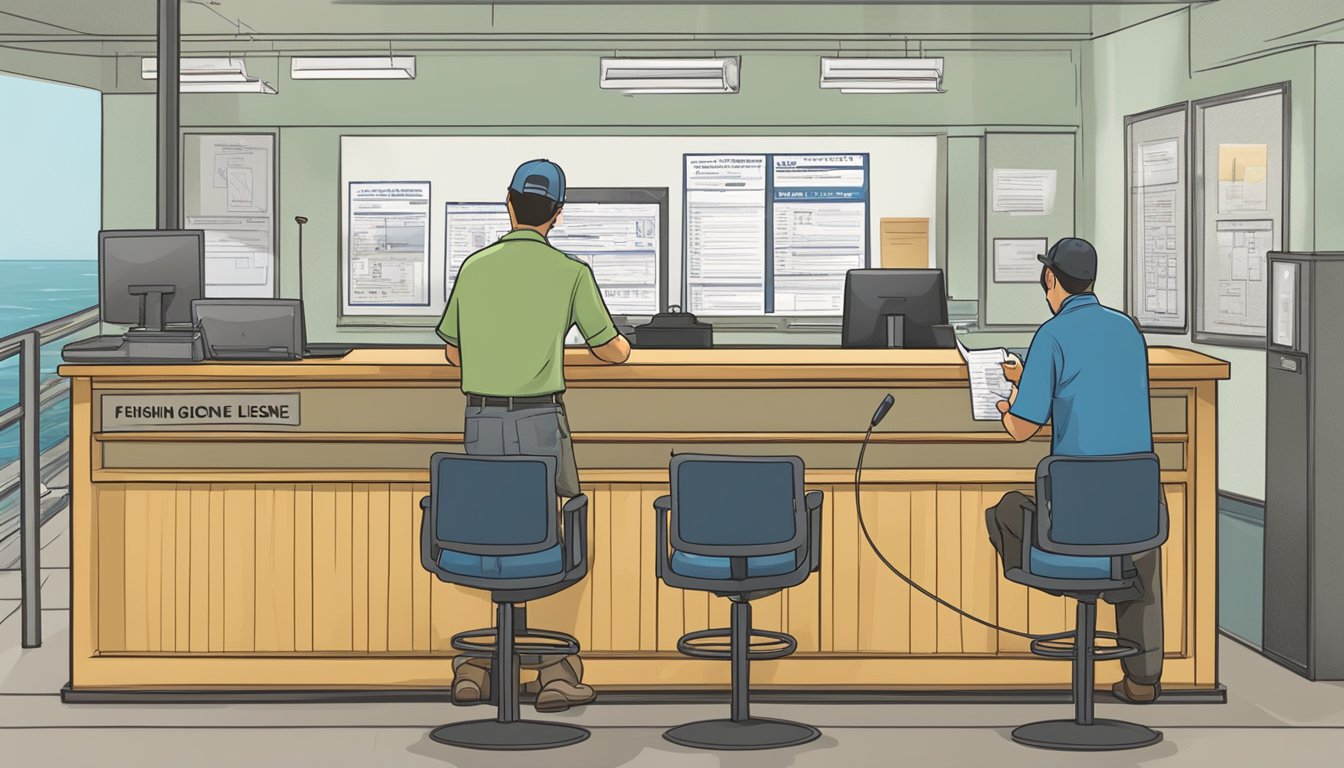 A person filling out a fishing license application at a government office counter