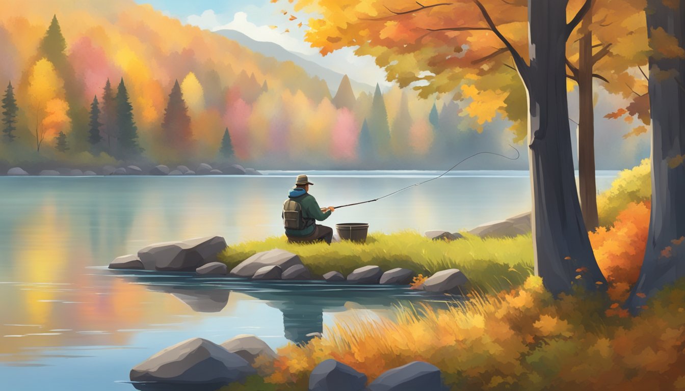 A serene lake surrounded by colorful autumn foliage, with a fisherman casting a line into the water, hoping to catch some fresh trout or bass