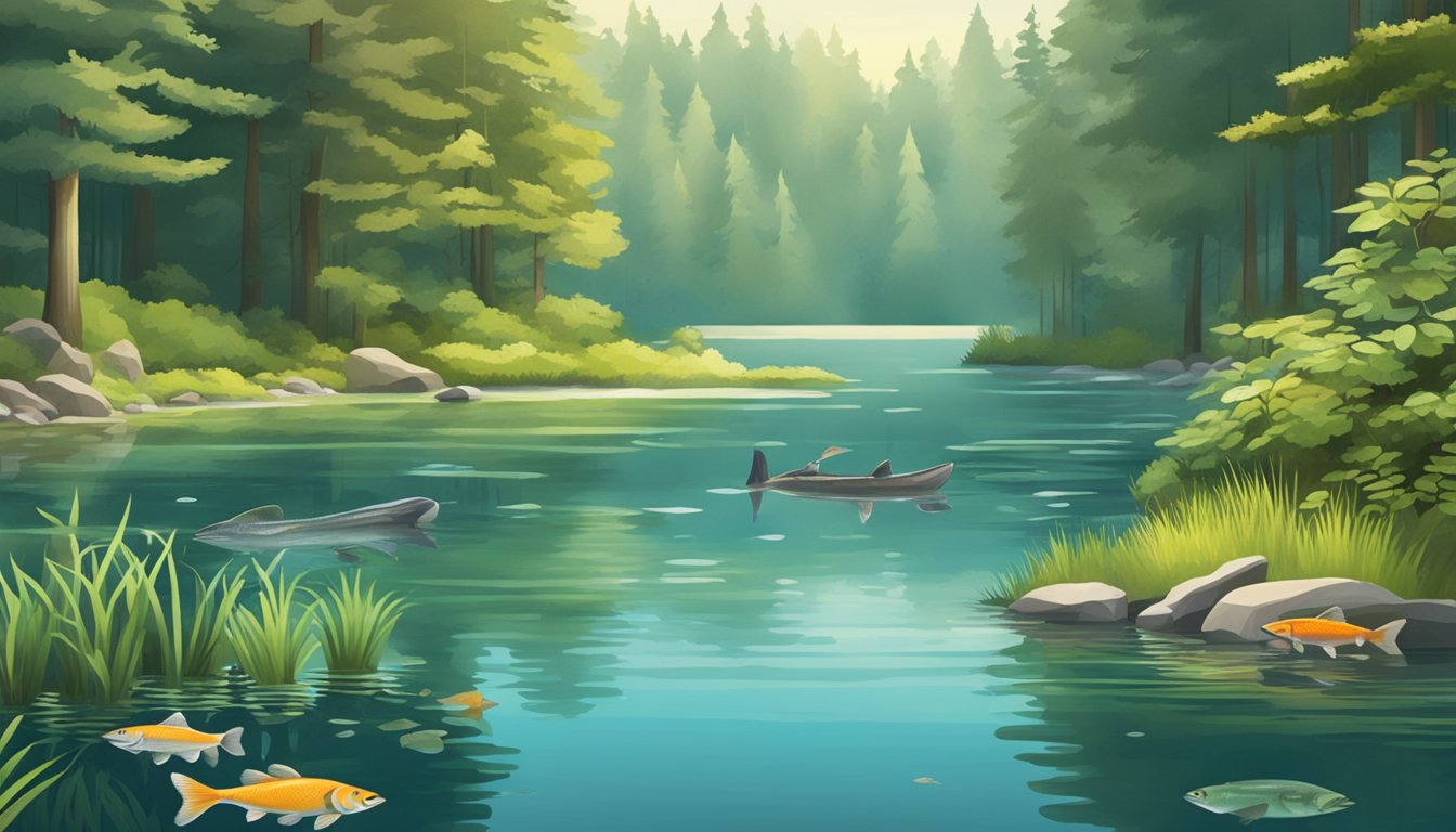 A serene lake surrounded by lush forests, with a variety of fish swimming in the clear water, including trout, salmon, and bass