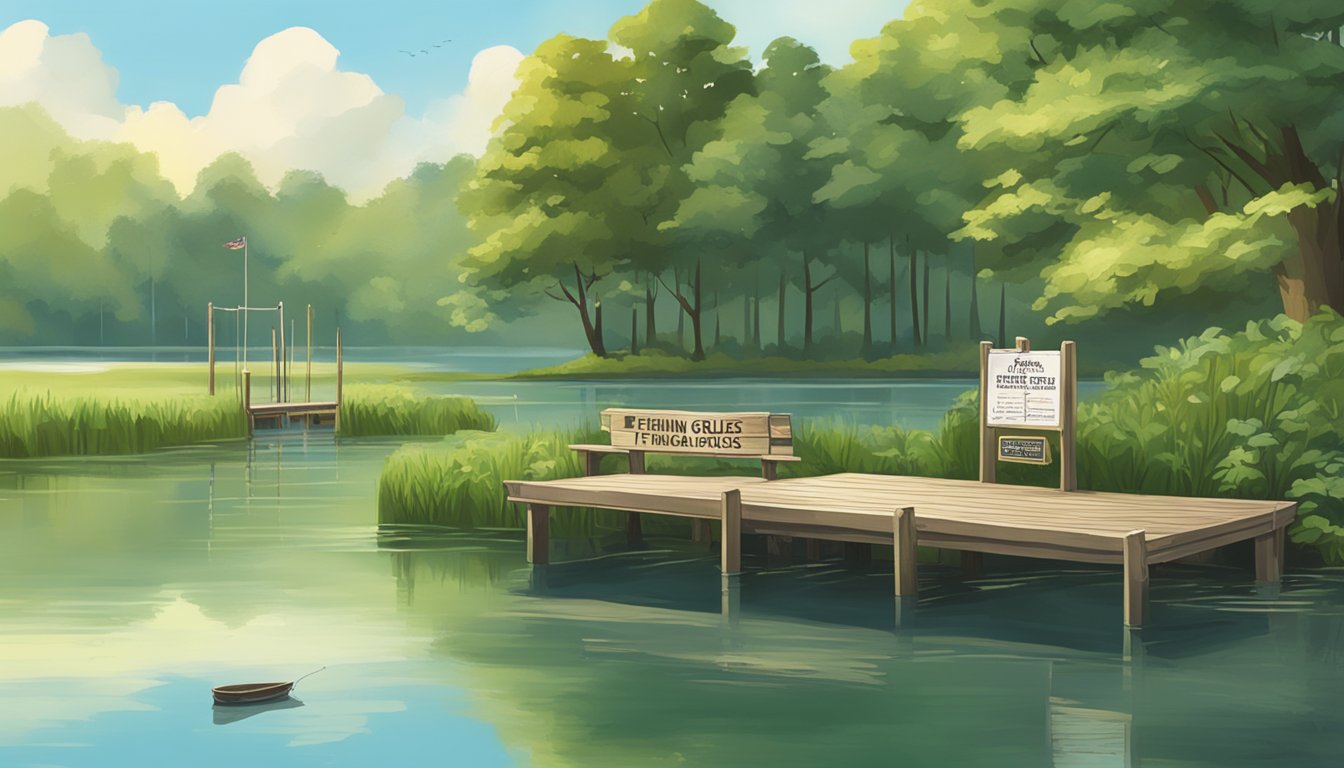 A serene lake surrounded by lush greenery, with a small wooden dock and a sign displaying "Fishing Rules and Regulations" in Delaware