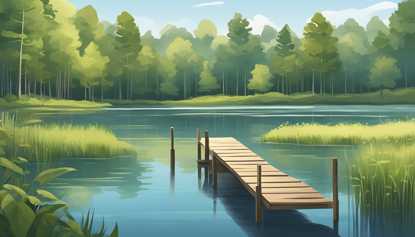 A serene lake surrounded by lush greenery, with a wooden dock leading out into the calm water. A small signpost indicates the process for obtaining a freshwater fishing license in Delaware