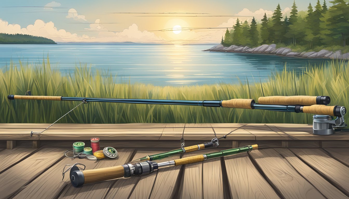 A fishing rod with bait and tackle laid out on a wooden dock, with a scenic Massachusetts coastline in the background