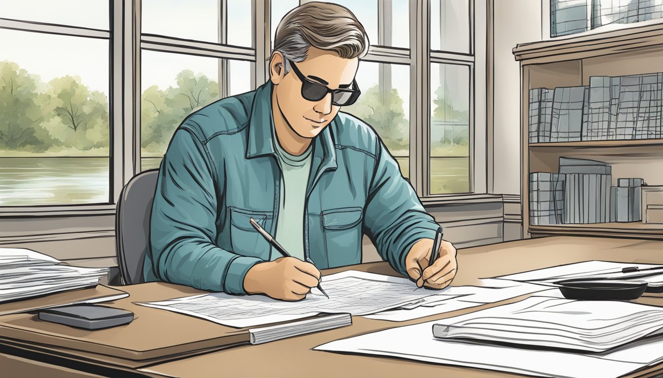 A person filling out a form at a government office, providing personal information and paying a fee for a freshwater fishing license in Delaware