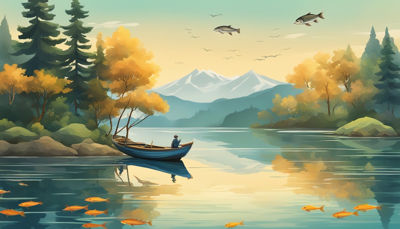 A serene lake with a fishing boat and a variety of fish jumping out of the water