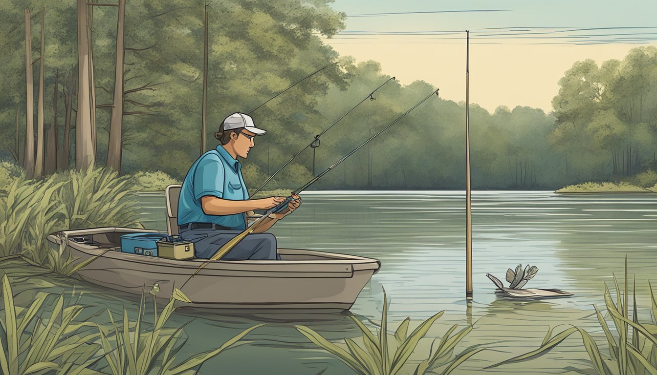 A person filling out a form at a government office to obtain a freshwater fishing license in Louisiana