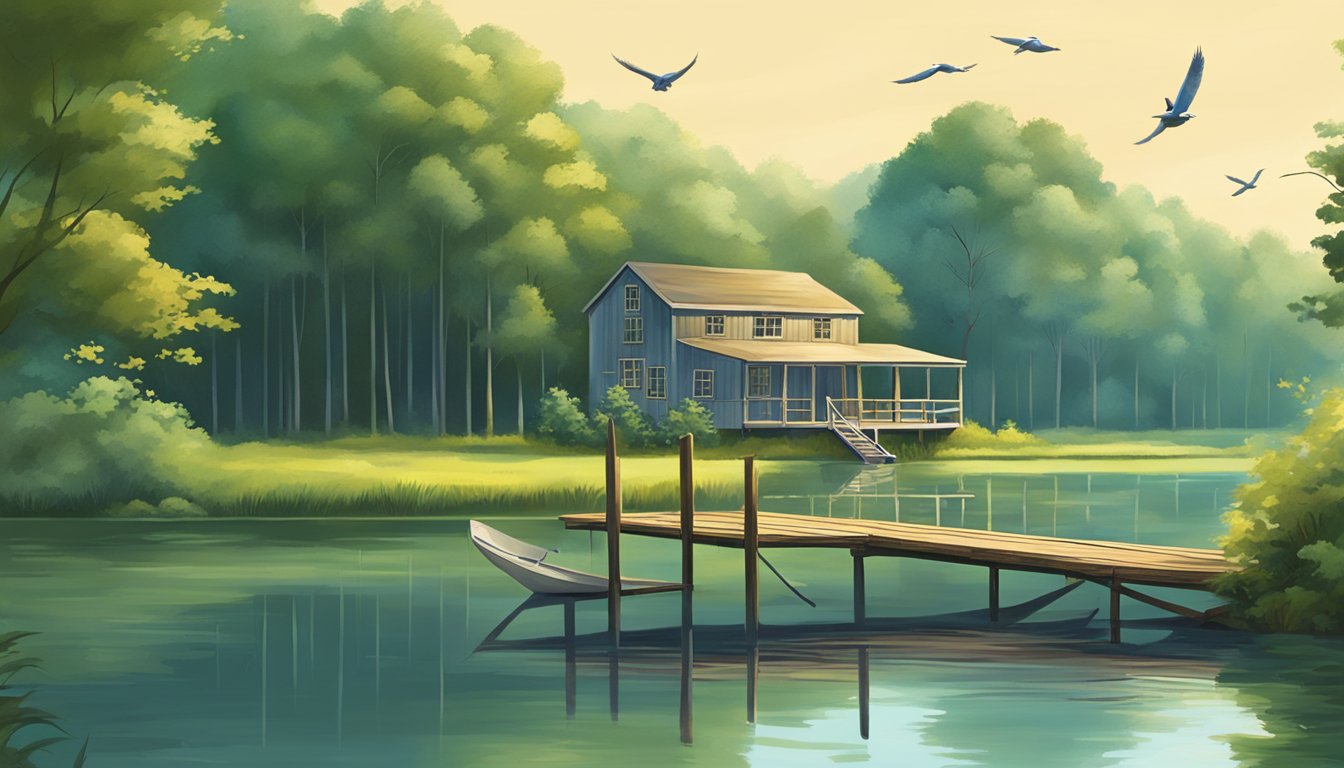 A serene lake in Delaware with a wooden pier and a small boat, surrounded by lush green trees and the sound of birds chirping