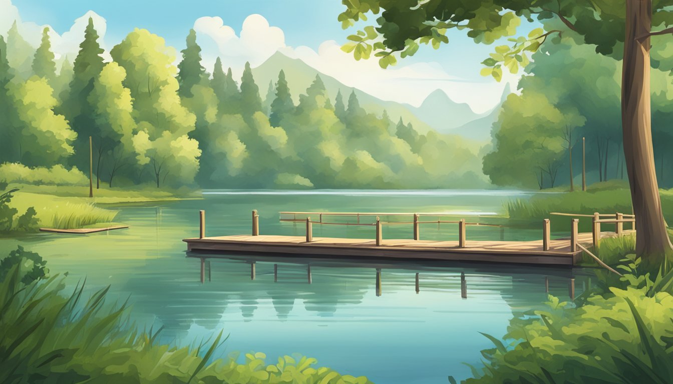 A serene lake with a wooden dock, surrounded by lush green trees. A signpost displaying fishing regulations and a conservation poster