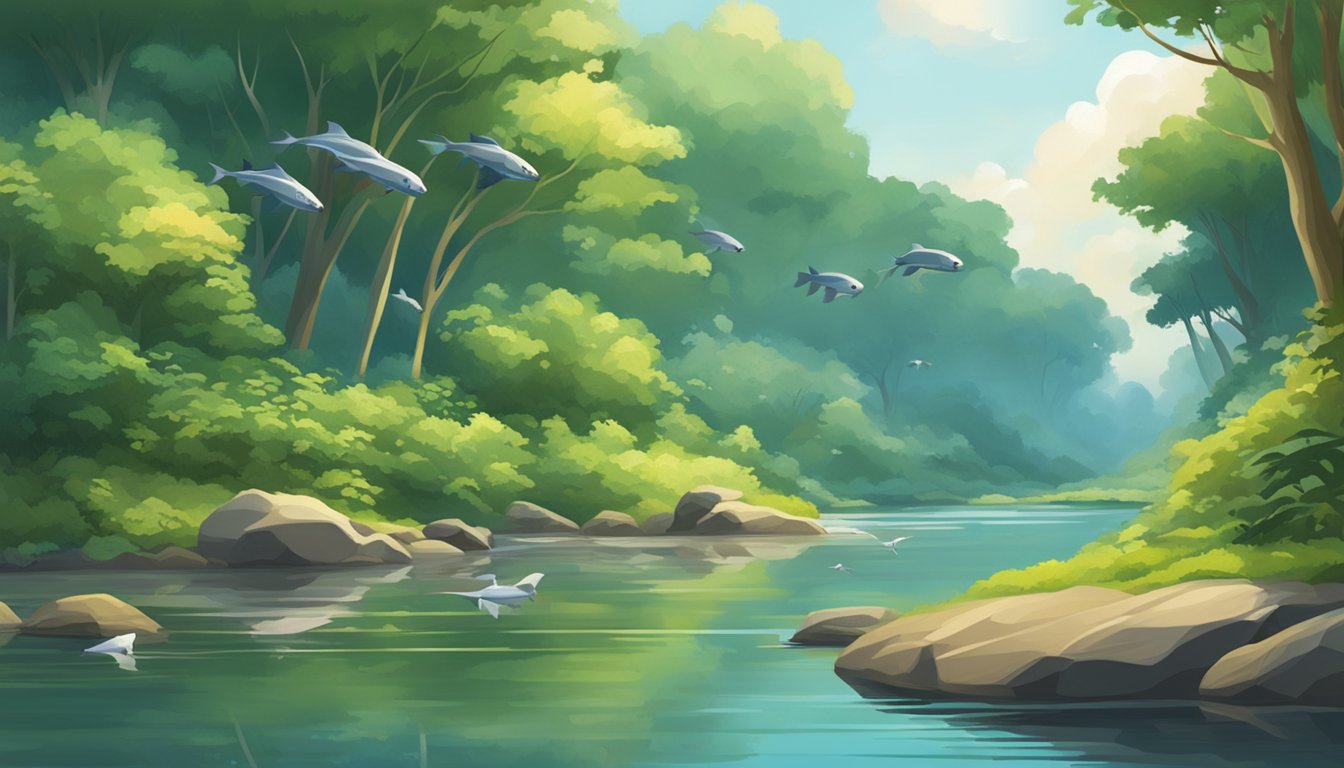 A serene riverbank with lush greenery, calm water, and a variety of fish jumping out of the water