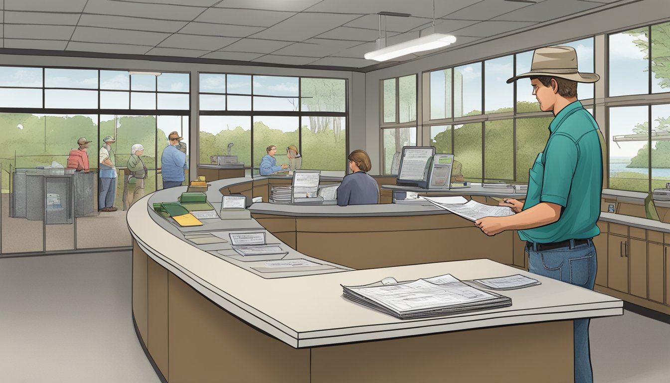 A person standing at a Louisiana wildlife office counter, filling out paperwork for a freshwater fishing license