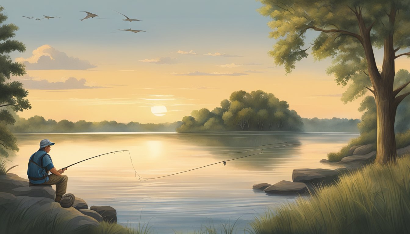 A serene Mississippi river scene with a fisherman casting a line for popular fish species like catfish and bass