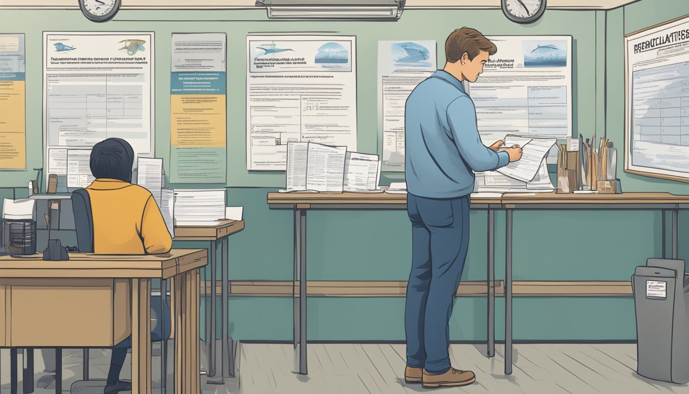 A person filling out a form at a government office, with a sign displaying "Freshwater Fishing License" and "Regulations and Compliance" in the background