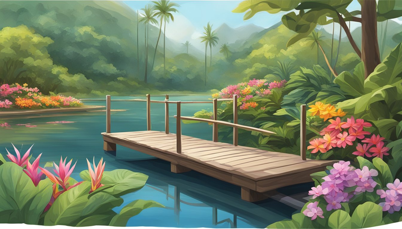 A serene freshwater pond in Hawaii, surrounded by lush greenery and colorful tropical flowers. A small wooden dock extends into the water, with a fishing pole resting against the railing