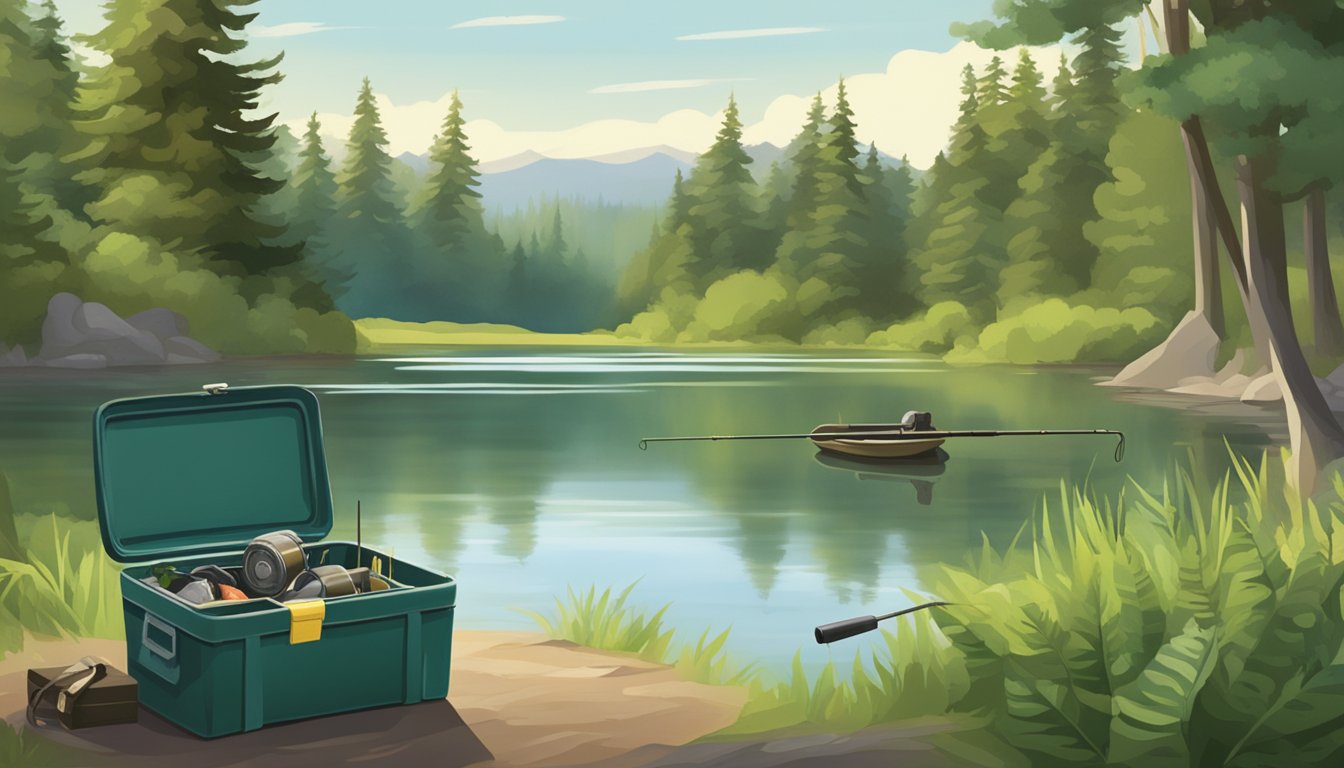 A serene lake surrounded by lush greenery, with a fishing rod and tackle box resting on the shore. A sign nearby indicates "Freshwater Fishing License Required."