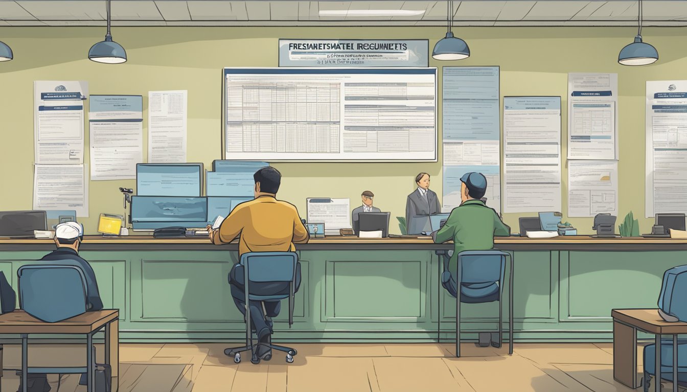 A person filling out a form at a government office, with a sign displaying "Freshwater Fishing License Requirements" on the wall