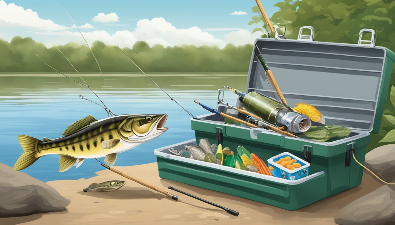 A fishing rod, tackle box, and cooler on the banks of a Mississippi river, with a catfish jumping out of the water