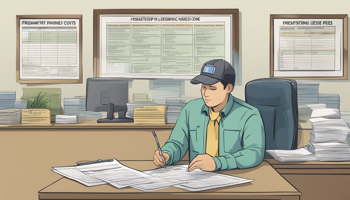 A person filling out a form at a government office, with a sign displaying "Freshwater Fishing License" and a list of costs and fees