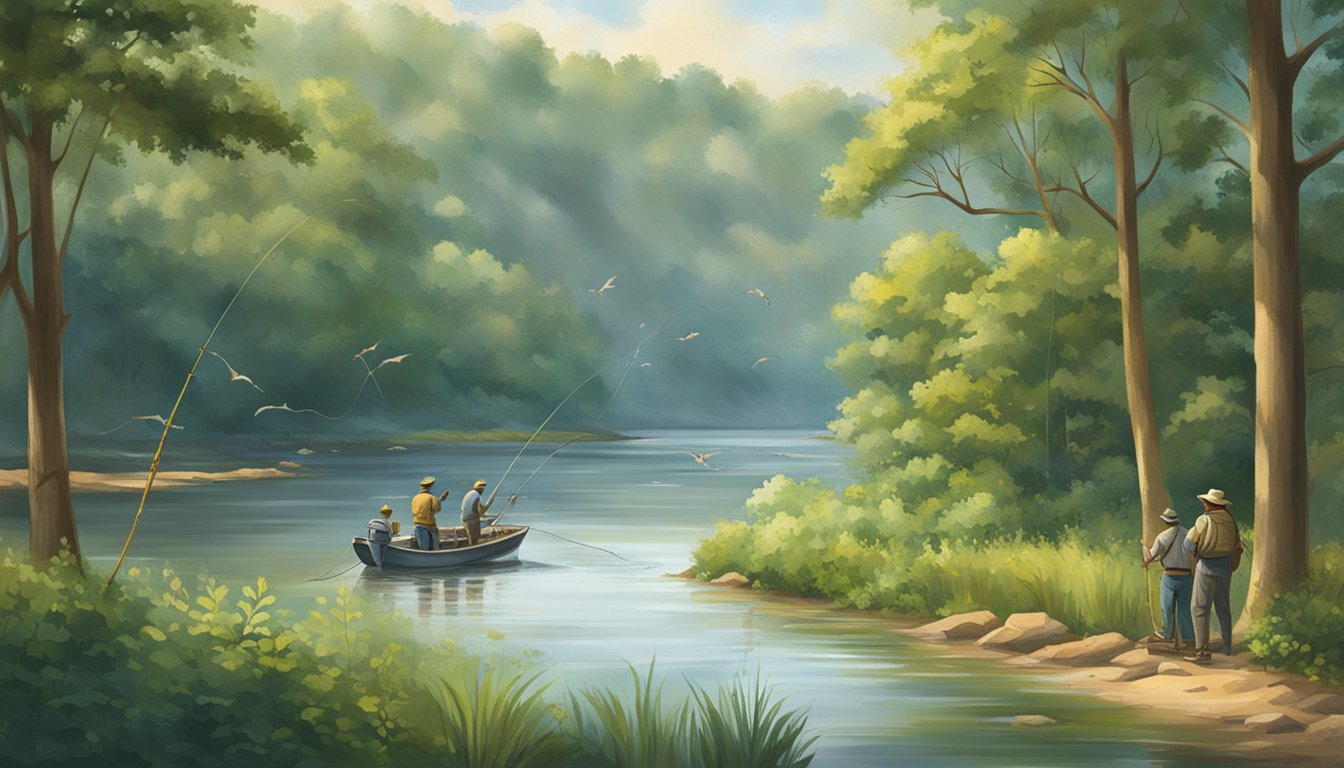 A serene Mississippi river with fishermen casting lines from the banks, surrounded by lush greenery and abundant fish jumping in the water