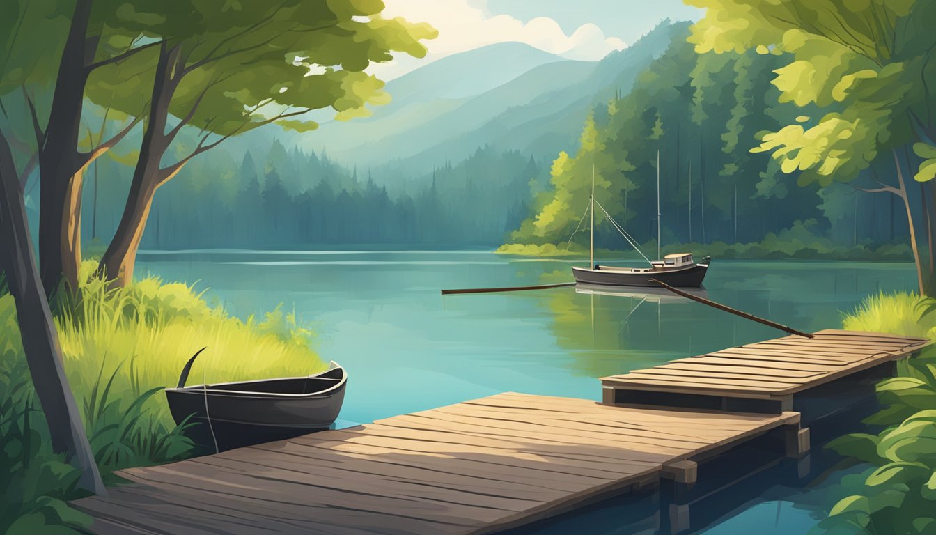 A serene lake surrounded by lush greenery, with a wooden dock and a fishing boat floating peacefully on the water