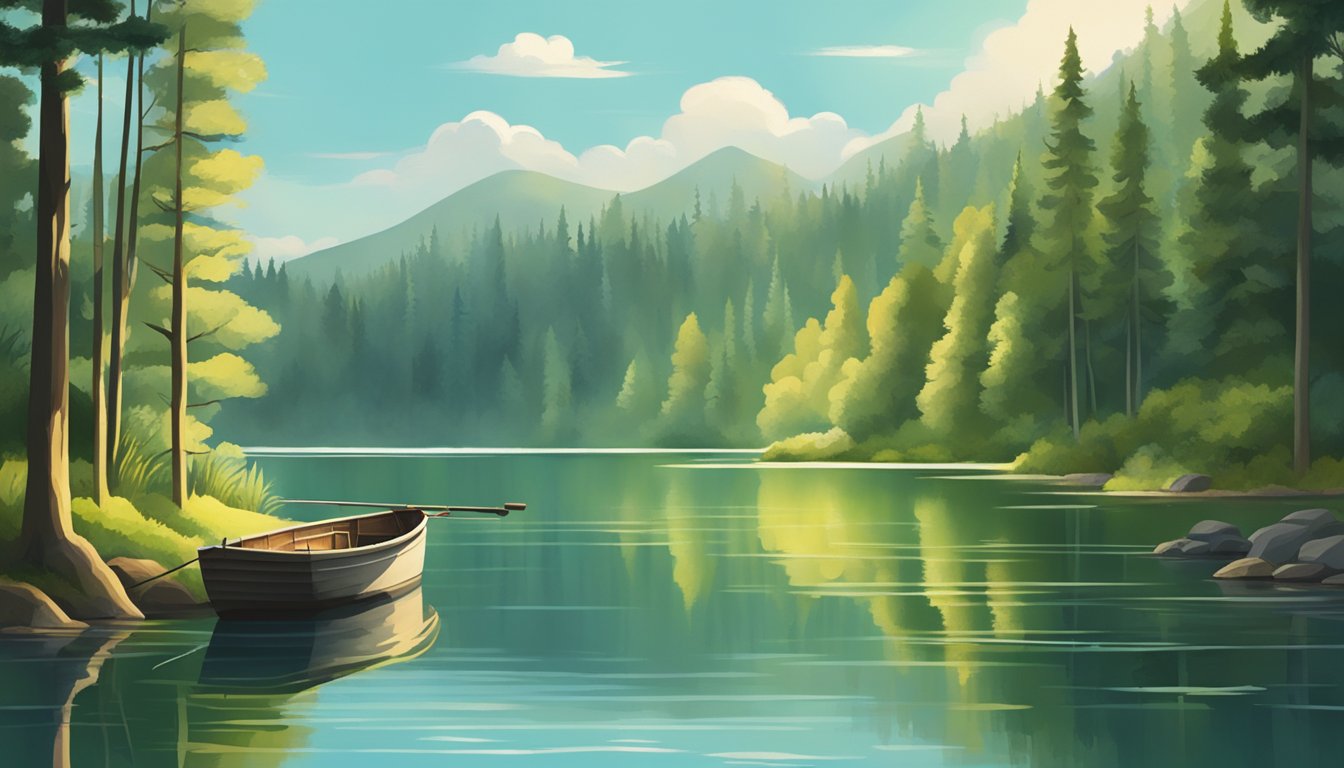 A serene lake surrounded by lush forests, with a fishing boat and a fishing rod casting into the calm water