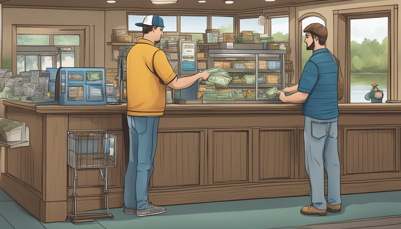 A person standing at a counter, handing money to a clerk, while the clerk hands them a freshwater fishing license in Indiana