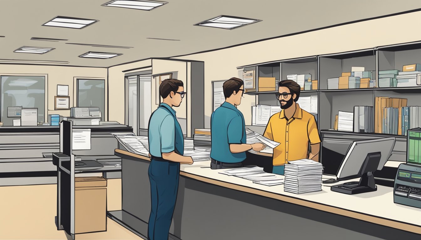 A person standing at a government office counter, handing over paperwork and payment to a clerk. The clerk is processing the paperwork and printing out a new fishing license