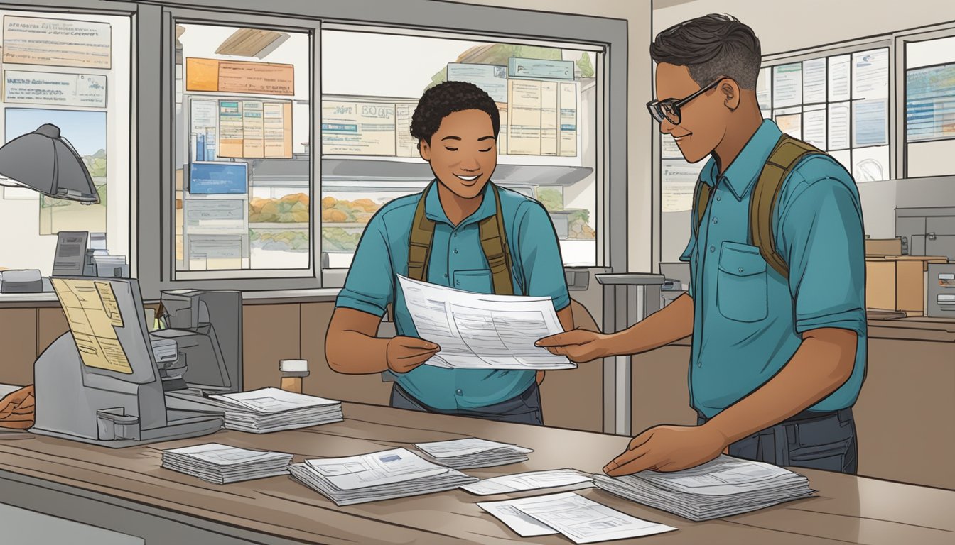 A person standing at a counter, handing over paperwork and payment to a clerk. The clerk is processing the paperwork and printing out a freshwater fishing license